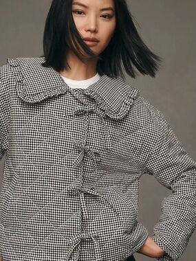 Maeve Hazel Anthropologie Black & White Gingham Quilted Jacket Peter Pan Collar